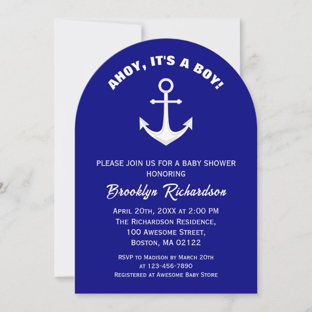 Ahoy dess A Boy Navy Blue White Anchor Baby Shower Inbjudningar (Framsida)