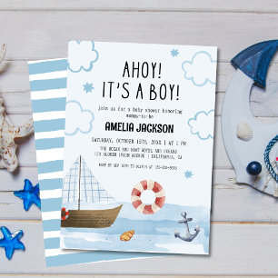 Ahoy dess blå babydusch för en pojke. inbjudningar