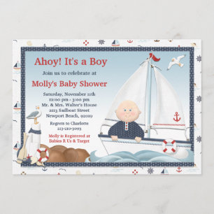 Ahoy dess en inbjudan för pojkesegelbåtbaby shower