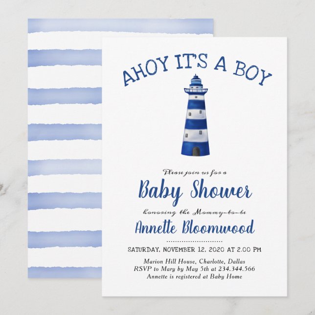 Ahoy dess pojkfyr | Nautical Baby Shower Inbjudningar (Fram/baksida)