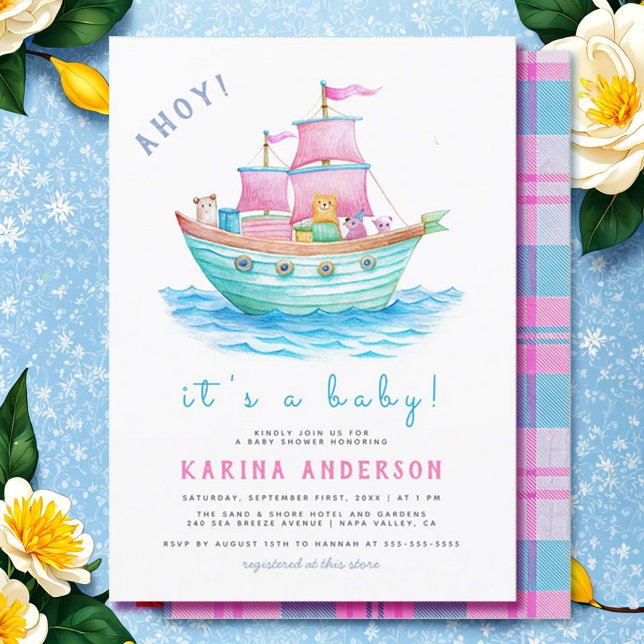Ahoy Det är en Baby Frakt Djuren Sailboat Baby Sho Inbjudningar (Skapare uppladdad)