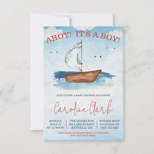 AHOY! Det är en BOY! Babyskor för nautisk sjöbåt Inbjudningar (Framsida)