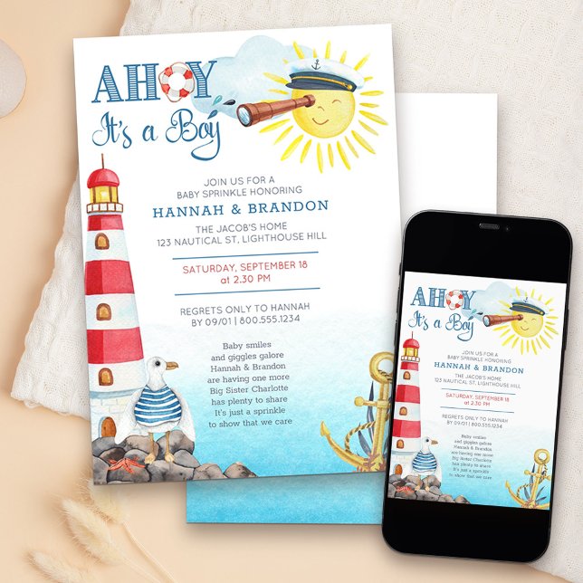 Ahoy det är en Boy Cute Nautical Baby Sprinkle Inbjudningar (Nautical Boy Baby Sprinkle invitation - message me to create additional templates
)