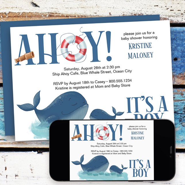 Ahoy Det är en Boy Lycklig Whale Boy Shower Inbjudningar (Nautical Baby Shower Invitation from my Happy Whale collection. Message if you need different items
)