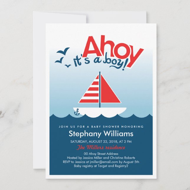 Ahoy det är en Boy Nautical Baby Shower Inbjudan (Framsida)