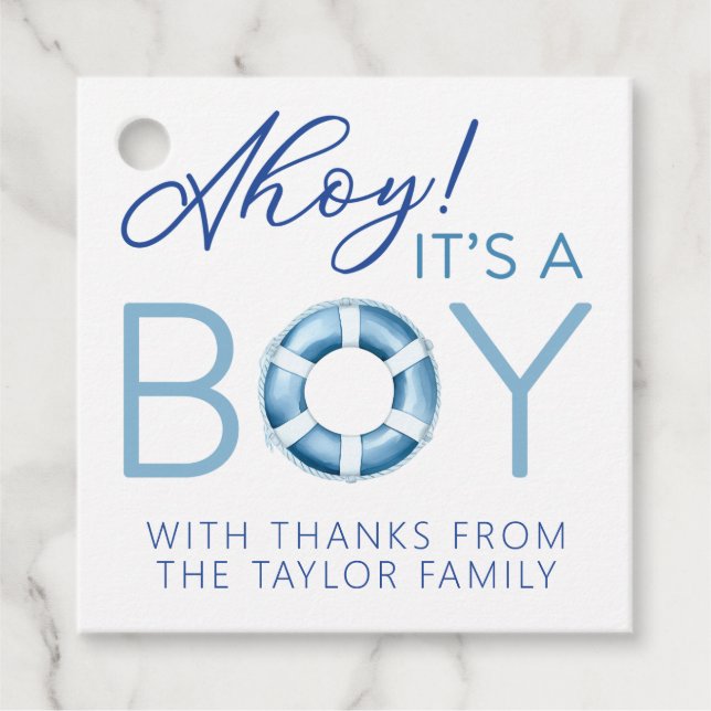 Ahoy Det är en Boy Nautical Baby Shower Märkre Gåvor Etiketter (Framsida)