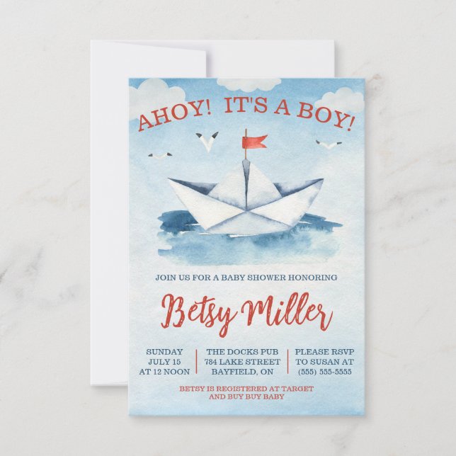 AHOY! Det är en BOY! Nautisk Papper babystölder Inbjudningar (Framsida)
