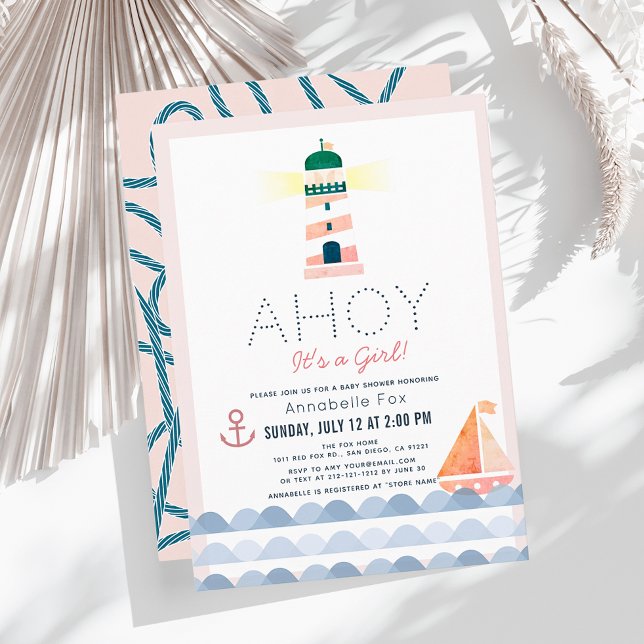 Ahoy Det är en flicka Nautical Rosa Girl Baby Show Inbjudningar (Skapare uppladdad)