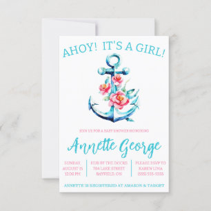 AHOY! Det är en GIRL! Blommigt Anchor Baby Shower Inbjudningar