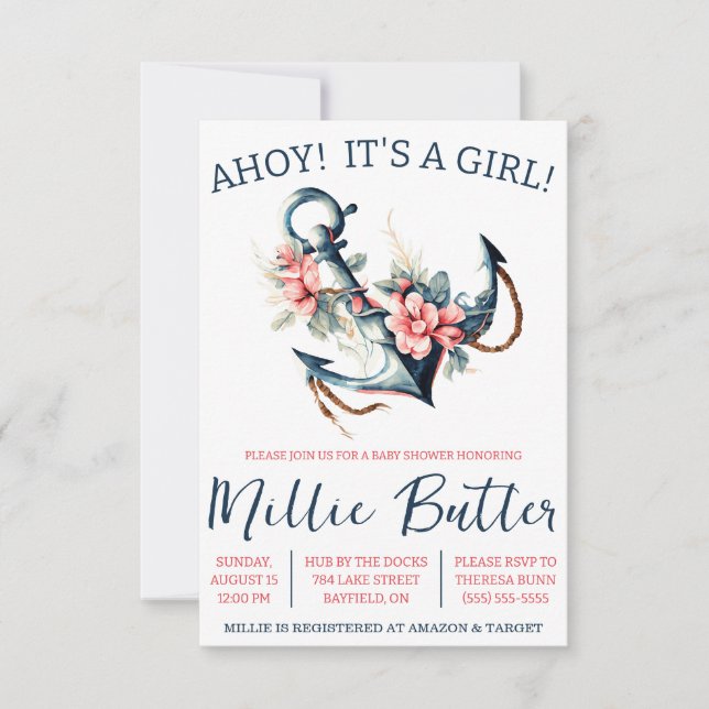 AHOY! Det är en GIRL! Blommigt Anchor Baby Shower Inbjudningar (Framsida)