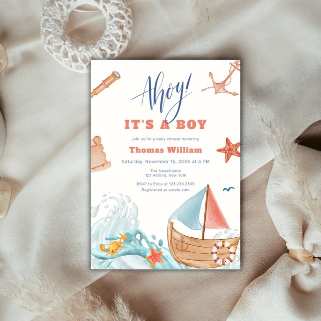Ahoy Det är en liten babyboja i Äventyr. Inbjudningar (Ahoy It's A Boy Adventure Sailboat Baby Shower Invitation)