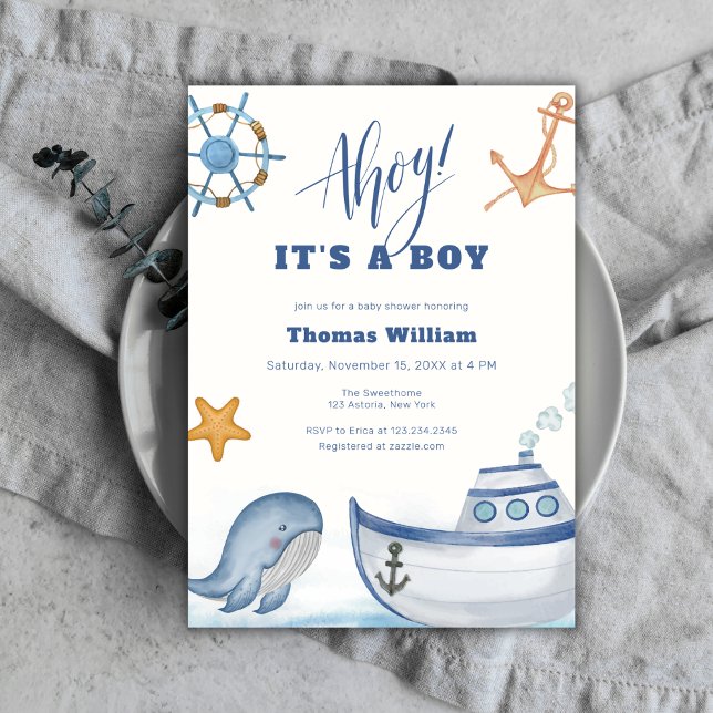 Ahoy Det är en liten babystötare för pojkval Inbjudningar (Ahoy It's A Boy Whale Sailboat Baby Shower Invitation)