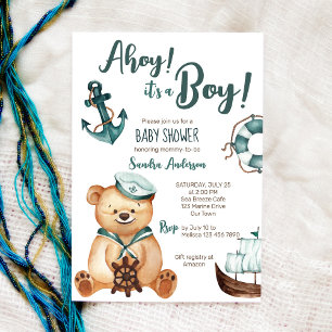Ahoy det är en nalle nautisk babydusch inbjudningar
