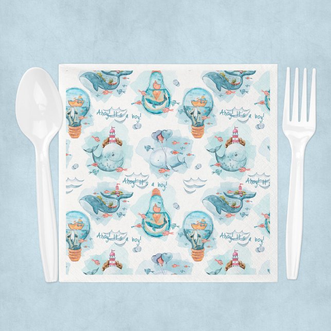 Ahoy Det är en pojk-babygäst Pappersservett (Ahoy It's A Boy Whale Baby Shower Guest Napkins
)