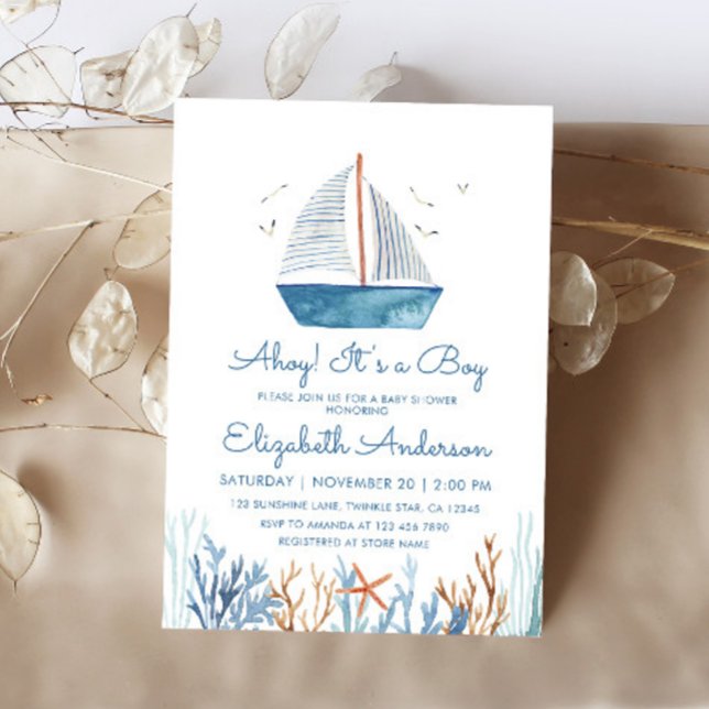 Ahoy! Det är en pojk-cute Sailboat-babyskor Inbjudningar (Skapare uppladdad)
