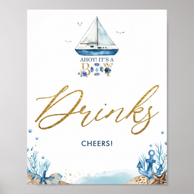 Ahoy Det är en pojk Nautical Baby Shower Drinks Ch Poster (Framsidan)