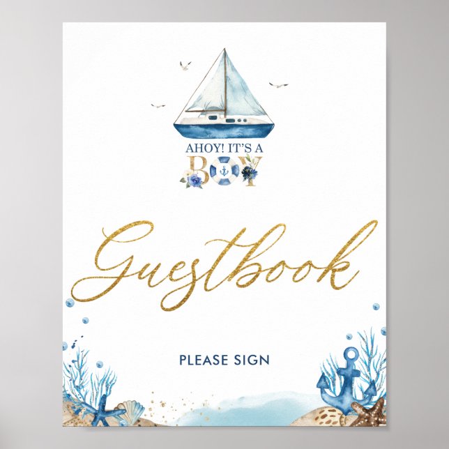 Ahoy Det är en pojk Nautical Baby Shower Guestbook Poster (Framsidan)