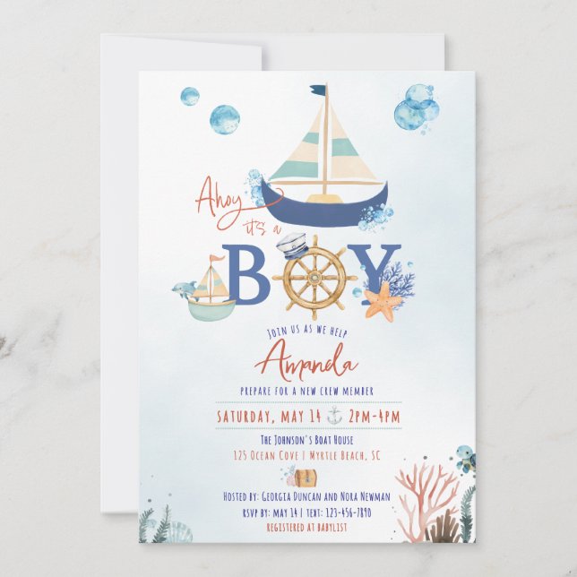 Ahoy Det är en pojk Nautical Baby Shower Inbjudan (Framsida)