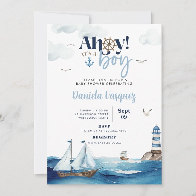 Ahoy! Det är en pojk-nautical Baby Shower-inbjudan Inbjudningar (Framsida)