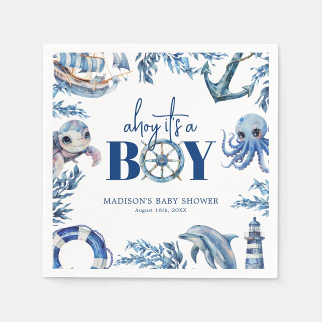 Ahoy, det är en pojk Nautical Baby Shower Pappersservett (Framsidan)