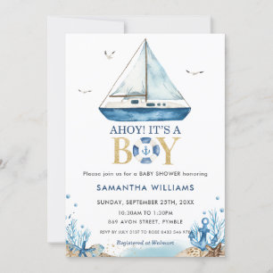 Ahoy Det är en pojk Nautical Blue Boat Baby Shower Inbjudningar