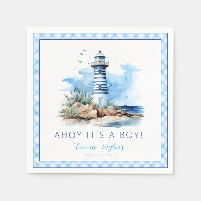 Ahoy Det är en pojk Nautical Lighthouse Baby Showe Pappersservett (Framsidan)