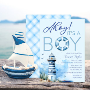 Ahoy Det är en pojk-nautisk babybojinbjudan Inbjudningar