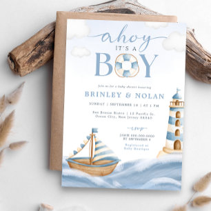 Ahoy Det är en pojk-nautisk babybojinbjudan Inbjudningar
