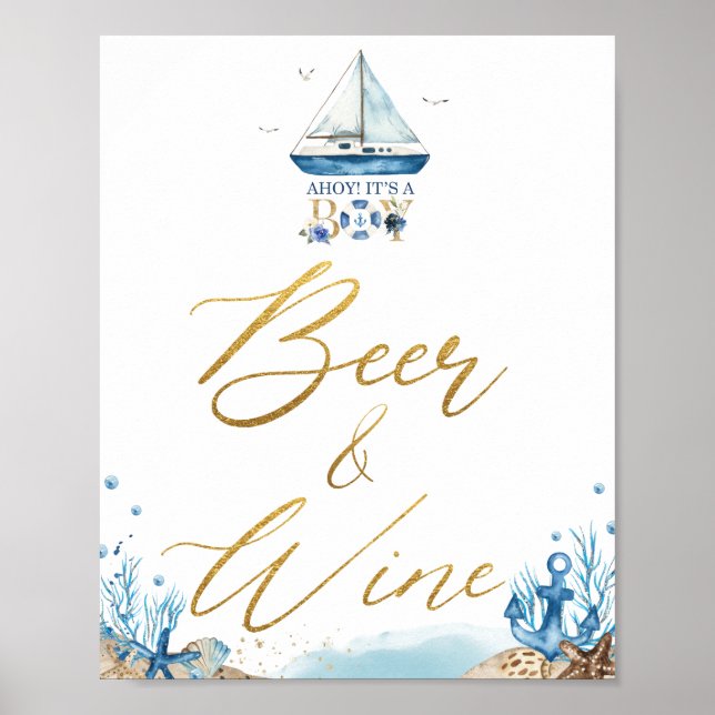 Ahoy Det är en pojk-nautisk babydusch Beer Vin Poster (Framsidan)