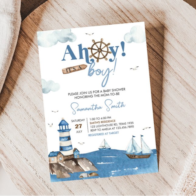 Ahoy Det är en pojk-nautisk babydusch Inbjudningar (Blue Boy Baby Shower Invitation)