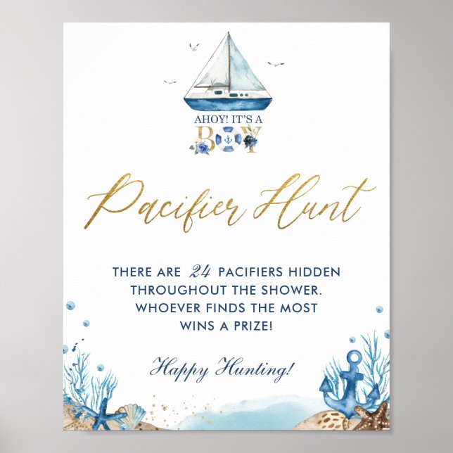 Ahoy Det är en pojk-nautisk babydusch Nappar Hunt Poster (Framsidan)