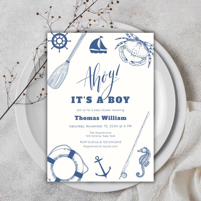 Ahoy Det är en pojk-nautisk babyskor Inbjudningar (Ahoy It's A Boy Nautical Fishing Baby Shower Invitation)