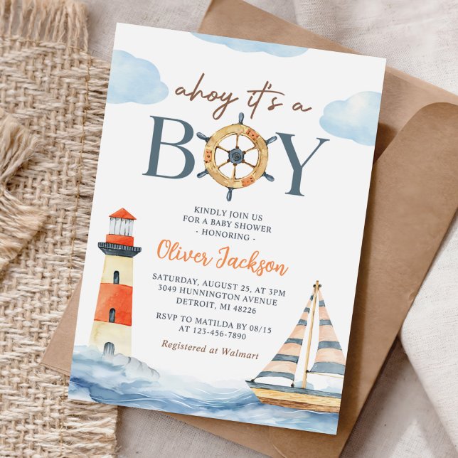 Ahoy Det är en pojk-nautisk Blue Boy Baby Shower Inbjudningar (Skapare uppladdad)