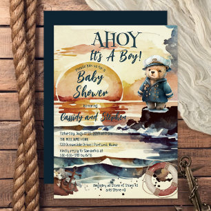 Ahoy, det är en pojk-nautisk Nalle-babydusch Inbjudningar