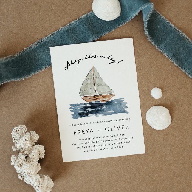 Ahoy Det är en pojk-nautisk vaktmästare Inbjudningar (Ahoy, it's a Boy! Blue nautical watercolor sailboat modern baby shower invitation.)