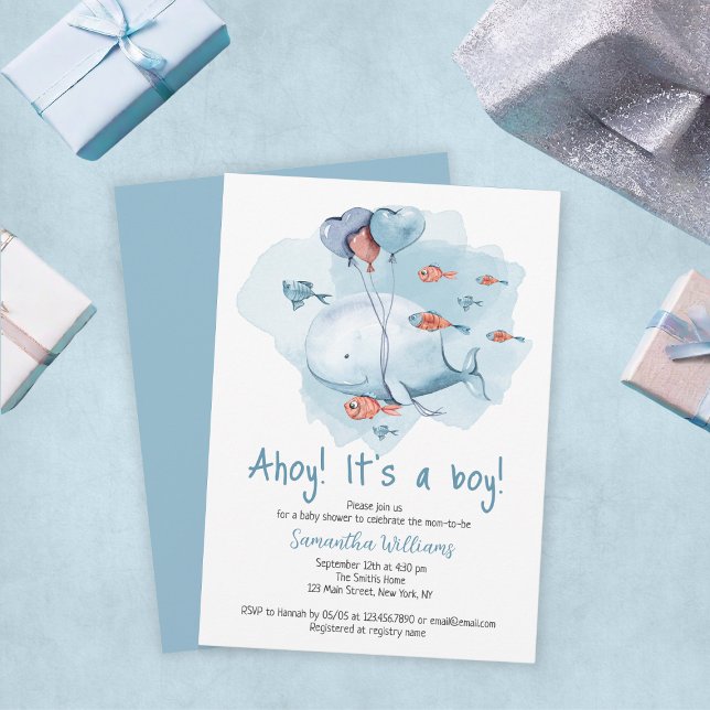 Ahoy Det är en pojk- och spjutvalsskabb. Inbjudningar (Ahoy It's A Boy Cute Whale Baby Shower Invitation
)