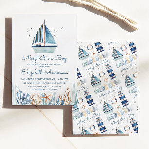 Ahoy! Det är en pojk Watercolor Sailboat Shower Inbjudningar