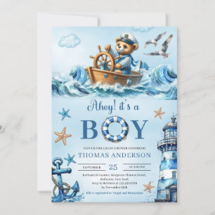 Ahoy det är en pojkblå och brun nalle sjöman inbjudningar