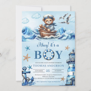 Ahoy det är en pojkblå och brun nalle sjöman inbjudningar