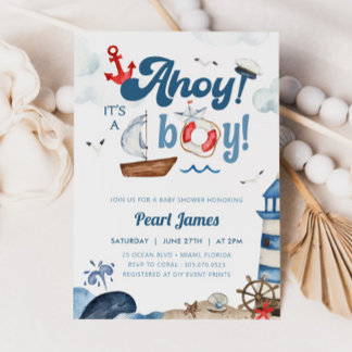 Ahoy, det är en pojkblå och röd nautisk babystötar inbjudningar