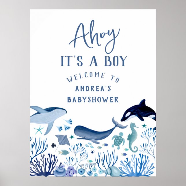 Ahoy Det är en pojkblå under Sea Baby Shower Poster (Framsidan)