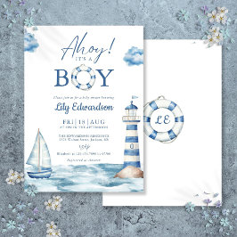 Ahoy det är en pojke Blå nautisk baby shower Inbjudningar