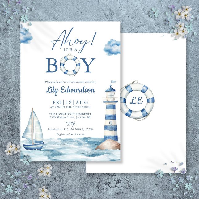 Ahoy det är en pojke Blå nautisk baby shower Inbjudningar (Ahoy Its A Boy Blue Nautical Baby Shower Invitation)