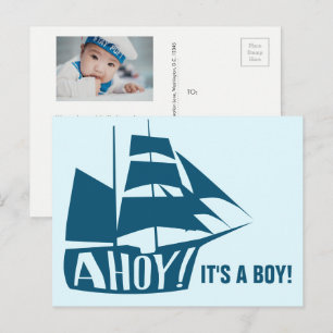 Ahoy, det är en pojke! Blå Nautiskt-temat Baby-fot Vykort