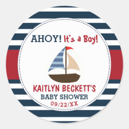 Ahoy, det är en pojke! Nautical Boat Baby Shower Runt Klistermärke