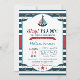 Ahoy, det är en pojke! Nautical Navy & Red Baby Sh Inbjudningar