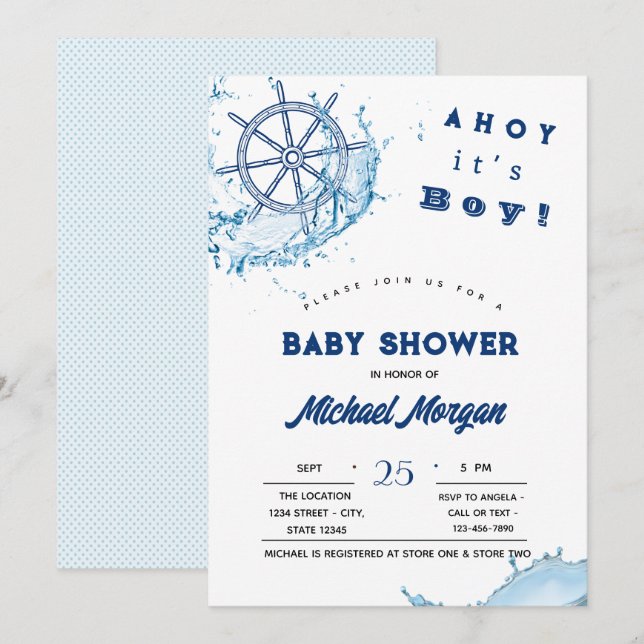 Ahoy det är en pojke, Nautical Wheel Inbjudningar (Fram/baksida)