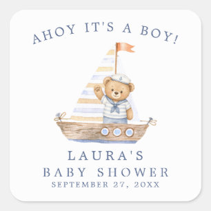 Ahoy det är en pojke, nautisk teddybjörn baby show fyrkantigt klistermärke
