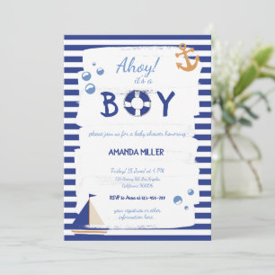 Ahoy, det är en pojke! Sailor Marine Blue Baby Sho Inbjudningar