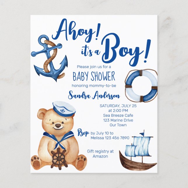 Ahoy det är en pojke teddybjörn baby shower budget (Framsida)